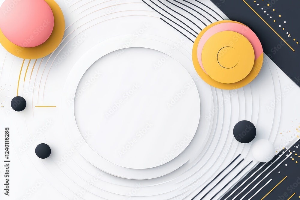 Poster abstract geometric composition with vibrant circles and lines on a minimalist background
