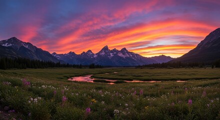 Obraz premium Colorful sunset over a mountain valley with a winding river, creating a breathtaking and unforgettable landscape scene