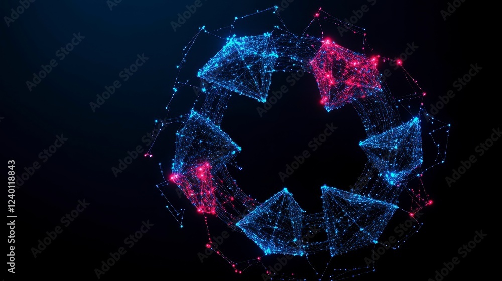 Poster abstract digital circle design featuring interconnected nodes and vibrant colors indicative of moder