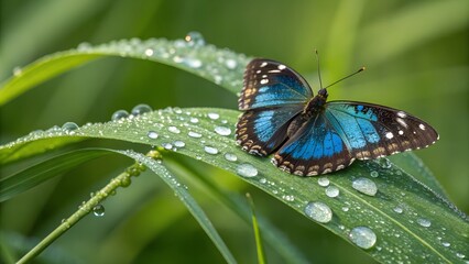 Obraz premium A colorful butterfly with vibrant wings rests on a leaf in a summer garden