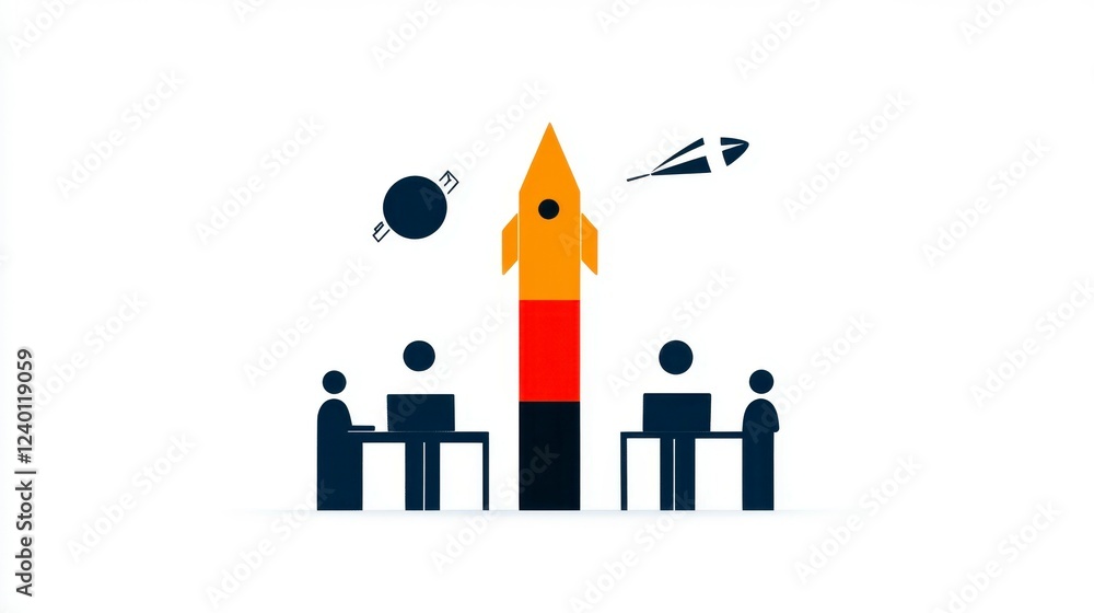 Poster team collaboration and innovation symbolized by a rocket launch, representing project development an