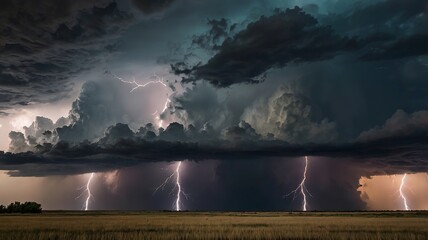 Intense Lightning Storm Over Flatlands at Night