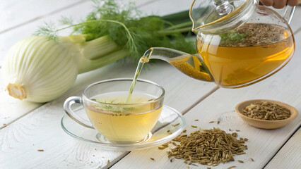 Fennel tea in a glass cup, fresh fennel bulb, seeds and tea pot pouring tea to cup. White wooden table with ldetoxification, relaxation, refreshing,ight background