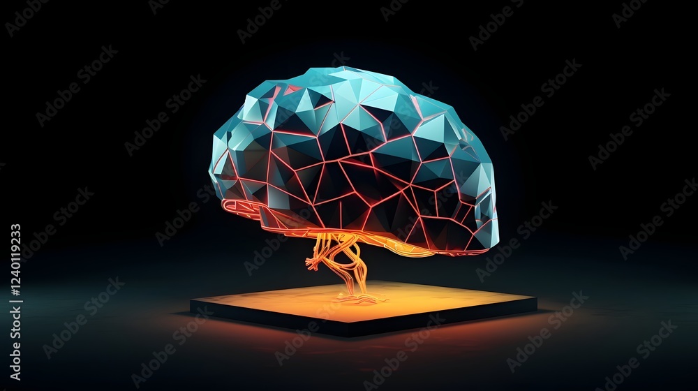 Poster floating low polygon geometric brain model with neon accents on dark background digital 3d render vi