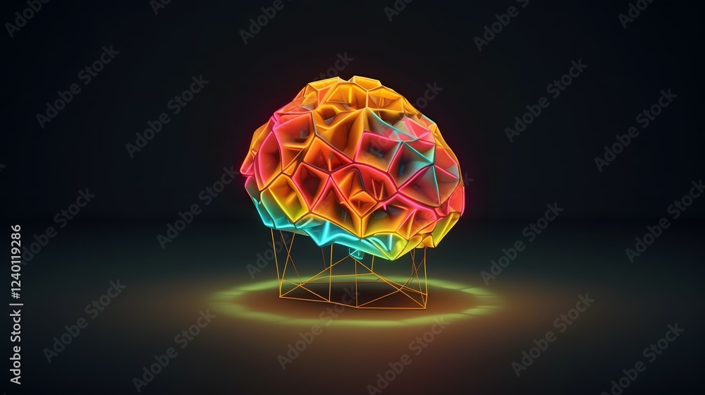 Aufkleber stunning 3d render of a low poly geometric brain model with neon accents floating in a dark and mini