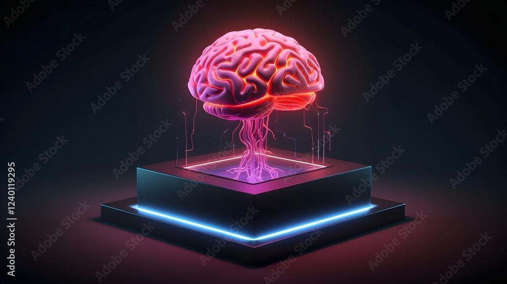 Poster floating low poly geometric brain model with neon accents and minimalist design in a dark futuristic
