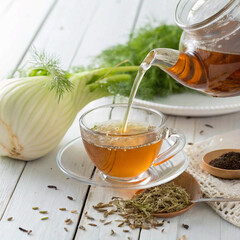 Fennel tea in a glass cup, fresh fennel bulb, seeds and tea pot pouring tea to cup. White wooden table with ldetoxification, relaxation, refreshing,ight background