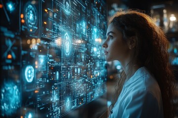 Woman studying futuristic interface, lab background, tech research