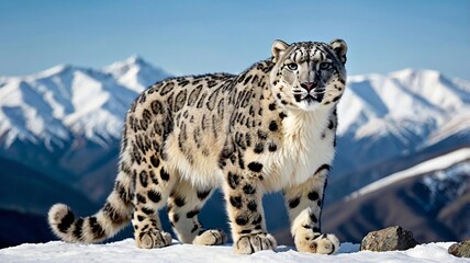 Fototapeta premium Majestic Snow Leopard in Snowy Mountain Range