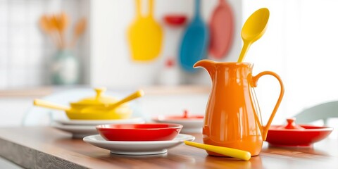 Vibrant yellow pitcher with red handle for kitchen or dining setting, utensil, handle