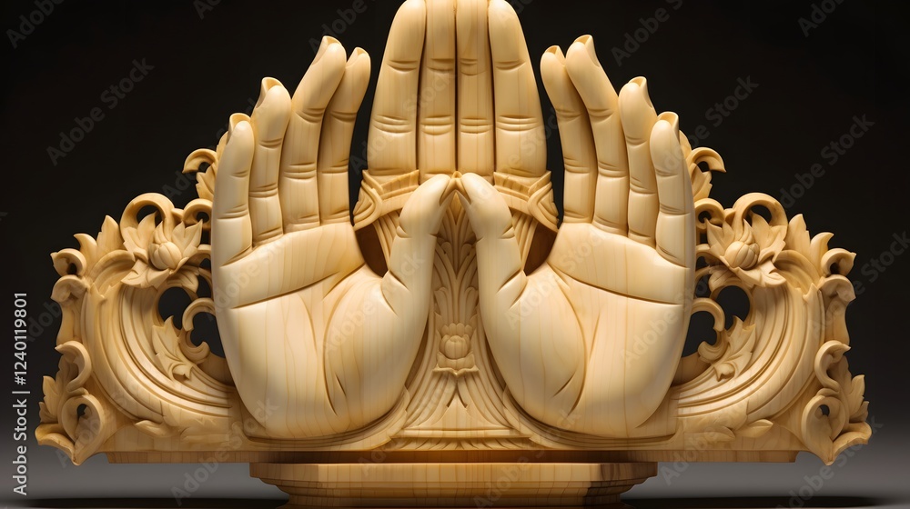 Poster intricate carving of buddha s hands depicting a symbolic mudra gesture representing the ritual and s