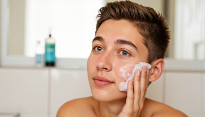 Young man applying facial cleanser in bathroom mirror