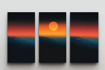 Sunset over mountain range with vibrant colors and layered silhouettes in the background