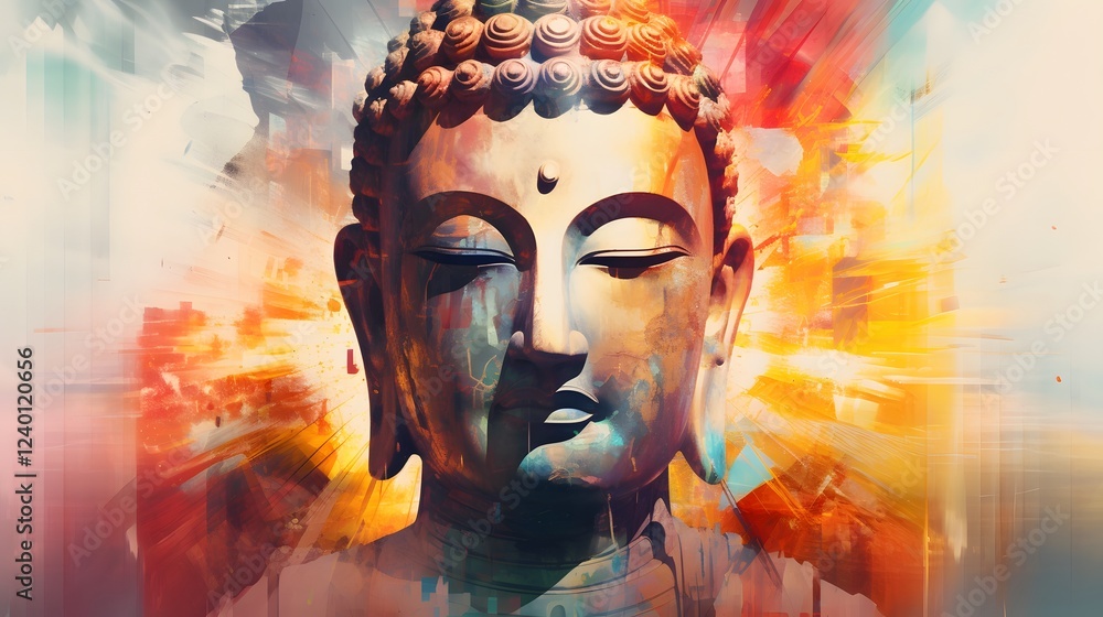 Aufkleber serene and contemplative digital artwork depicting a buddha figure surrounded by abstract gradient p
