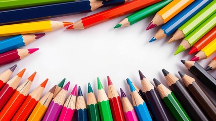Fototapeta premium Variety of colorful pencils jumbled together on white background, artsy, artistic