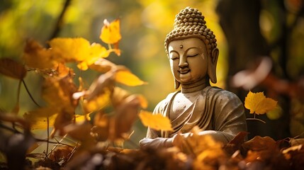 Obraz premium Serene and tranquil image of a Buddha statue framed by cascading sunlight and falling autumn leaves in a peaceful lush forest landscape