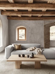 Obraz premium Modern Living Room with Wooden Beams and Neutral Tones