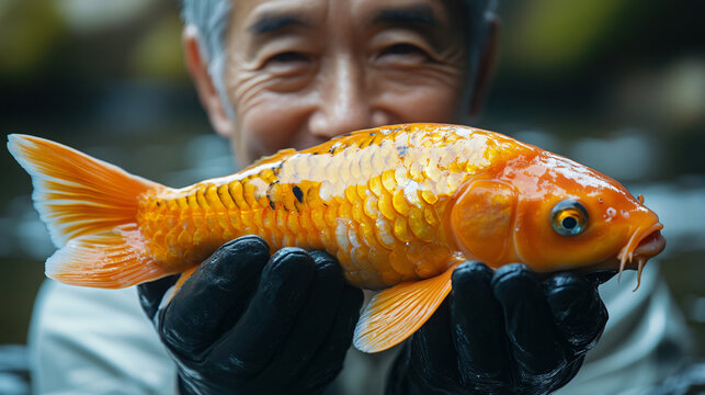 a man holding a goldfish in his hands