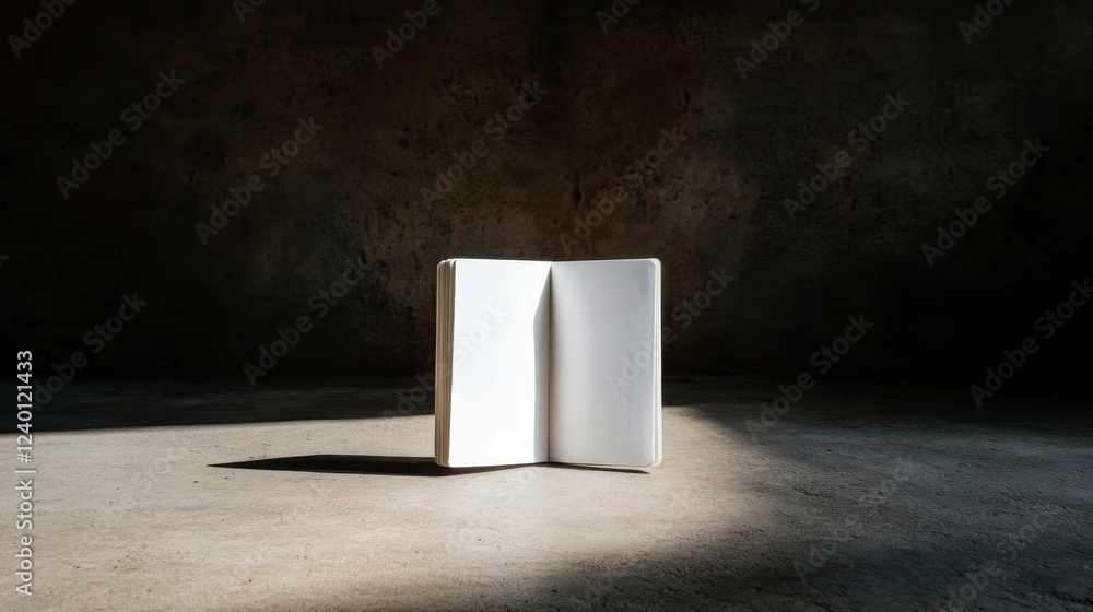 Poster an open blank notebook casting gentle shadows on a textured concrete surface in soft sunlight