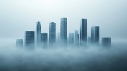 Fototapeta premium Misty skyline with modern skyscrapers partially obscured by fog, creating a serene and mysterious atmosphere.