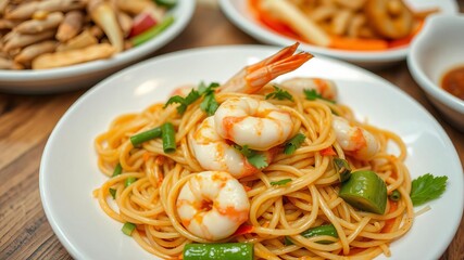 Thai food dish of pad thai stir fry noodles made with shrimp, vegetables, and savory sauce, served in a white plate, delicious, stir fry noodles