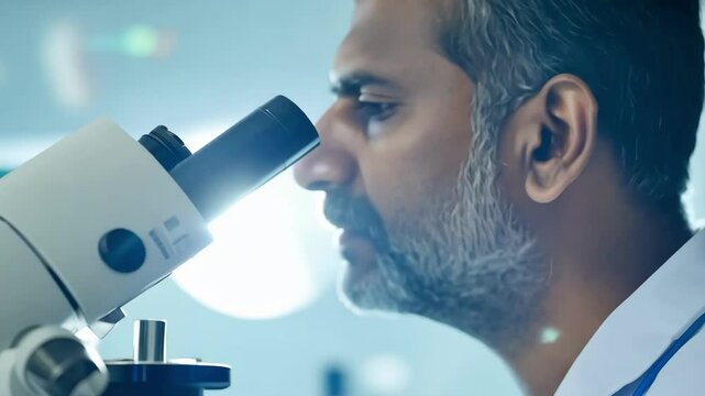 A man is looking through a microscope. Concept of curiosity and scientific exploration