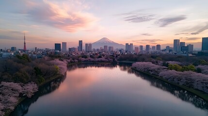 Fototapeta premium Tranquil sunrise aerial view of mount fuji's serene landscape
