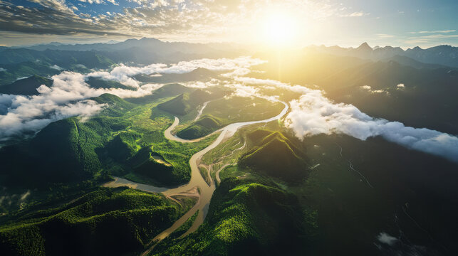 Aerial convergence between the Yellow River and green mountains