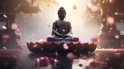 Magnificent Buddha statue with radiant robes and a tranquil lotus pond in the foreground creating a serene and spiritual atmosphere of contemplation and enlightenment