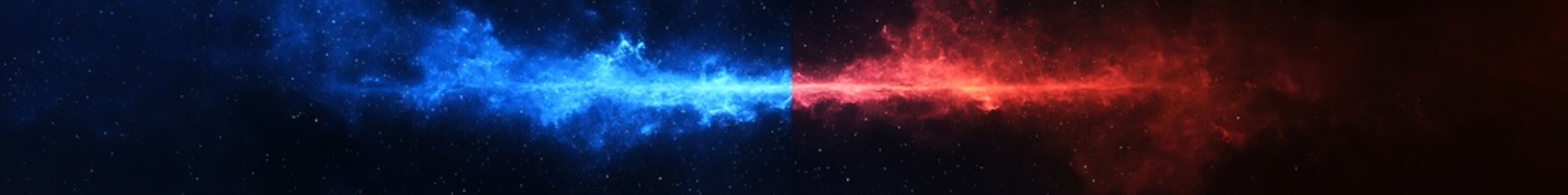 Blue and red energy clashing; cosmic background; abstract art; website header