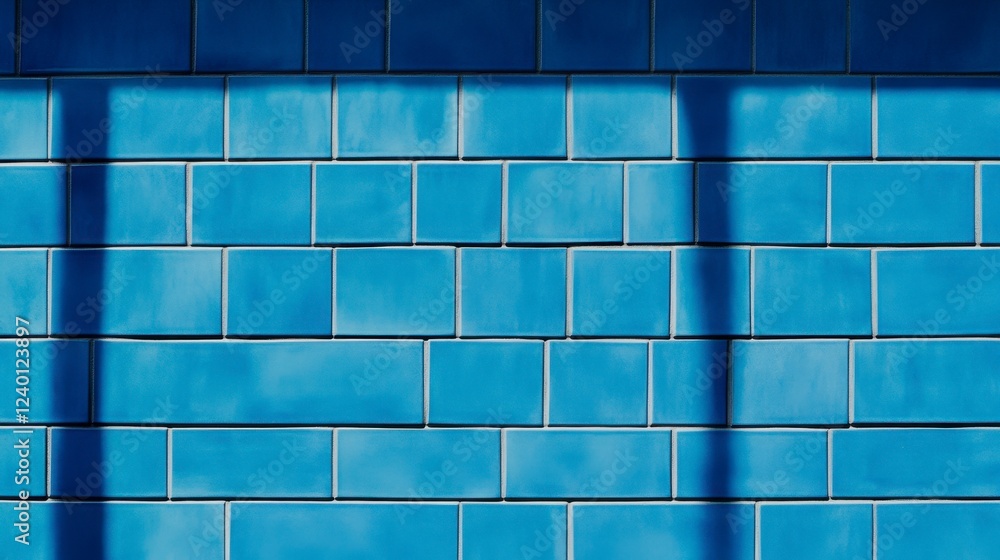 Poster sunlit blue tiled wall with geometric patterns, casting shadows that enhance the vibrant color and t
