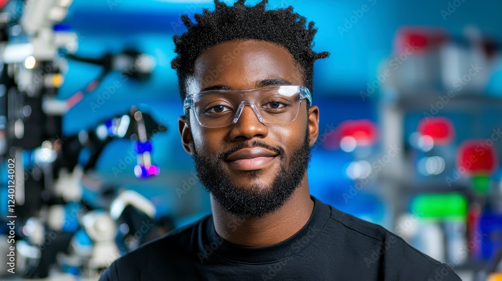 Poster smiling young scientist in lab setting with microscope, showcasing innovation and dedication to rese