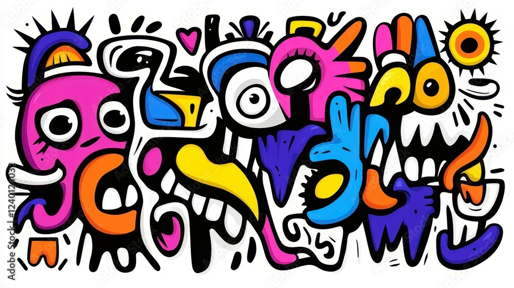Poster vibrant abstract expression featuring bold colors and playful shapes in a lively and dynamic composi