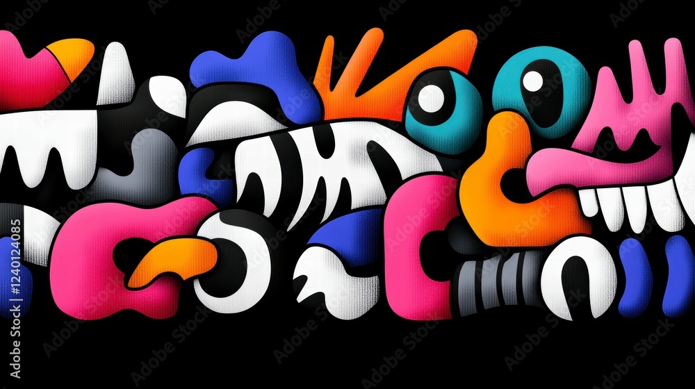 Poster colorful abstract design featuring playful shapes and quirky characters forming a vibrant visual exp
