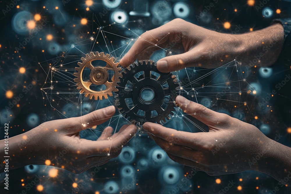 Poster interlocking gears held by human hands represent collaboration and mechanics in a dynamic visual for