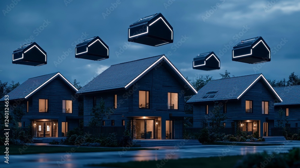 Poster futuristic homes illuminated at dusk with floating illuminated houses resembling drones in a serene 