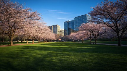Obraz premium Cherry blossoms park city skyline spring