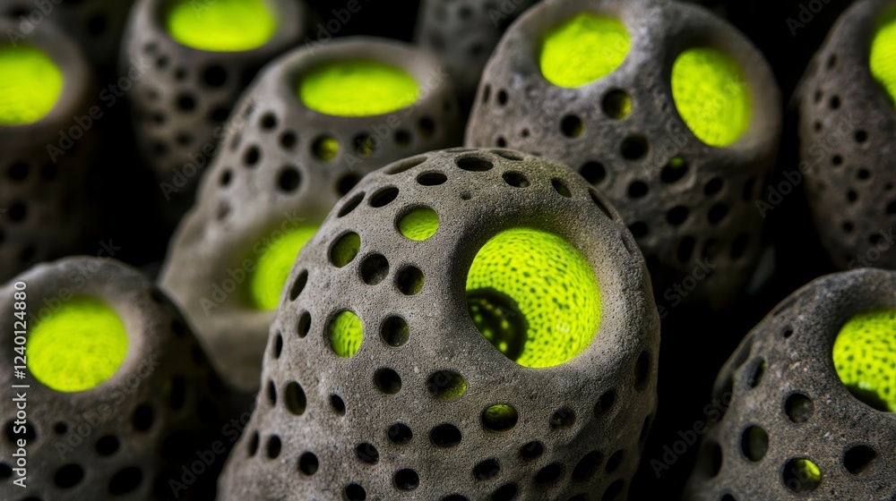 Poster intricate gray structures with vibrant green centers showcasing complex textures and unique designs 