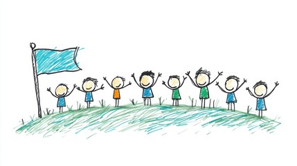 Fototapeta premium Happy Diverse Children Celebrating Together with a Flag on a Hill in a Colorful Hand-Drawn Style