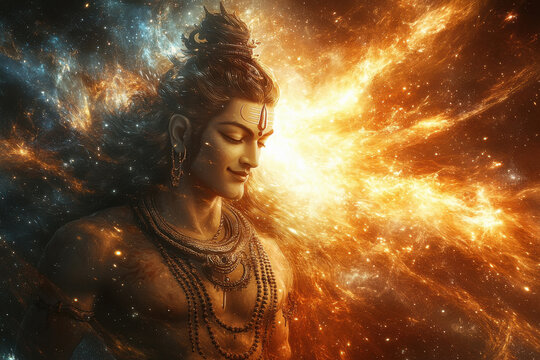 Shiva amidst His ferocious Tandava dance, with a cosmic backdrop of galaxies and stars. His divine energy spreads outwards