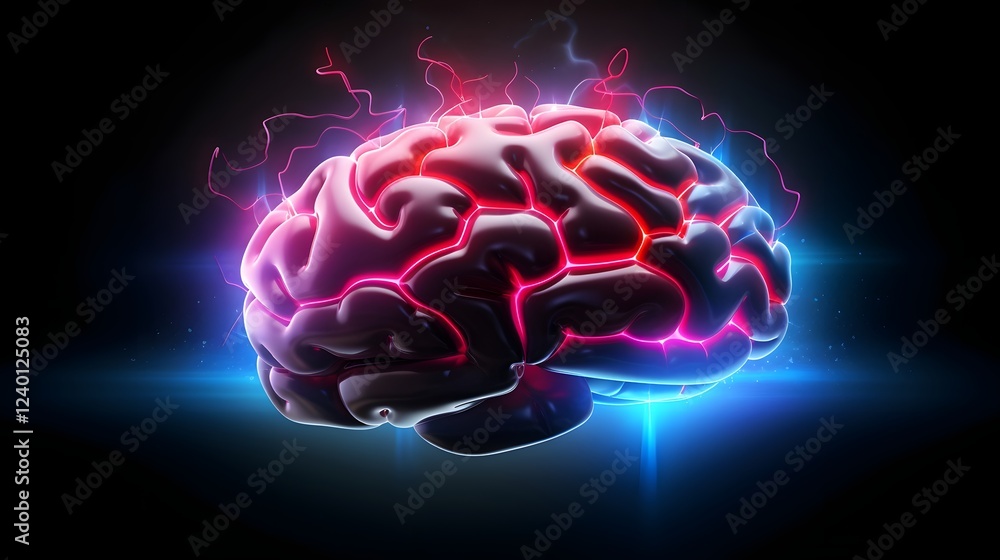 Poster vibrant and futuristic image of a stylized neon brain with dynamic glowing lines and fractals repres