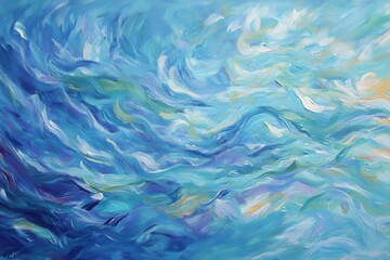 Abstract swirling ocean waves in vibrant blues and greens, evoking tranquility and movement