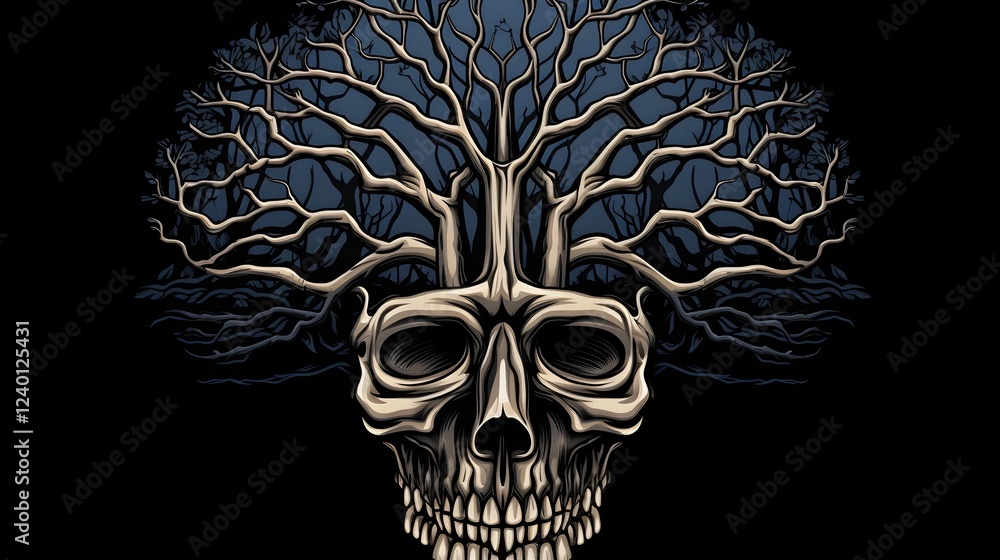 Poster surreal digital artwork depicting a brain merged with organic tree branches symbolizing the growth o