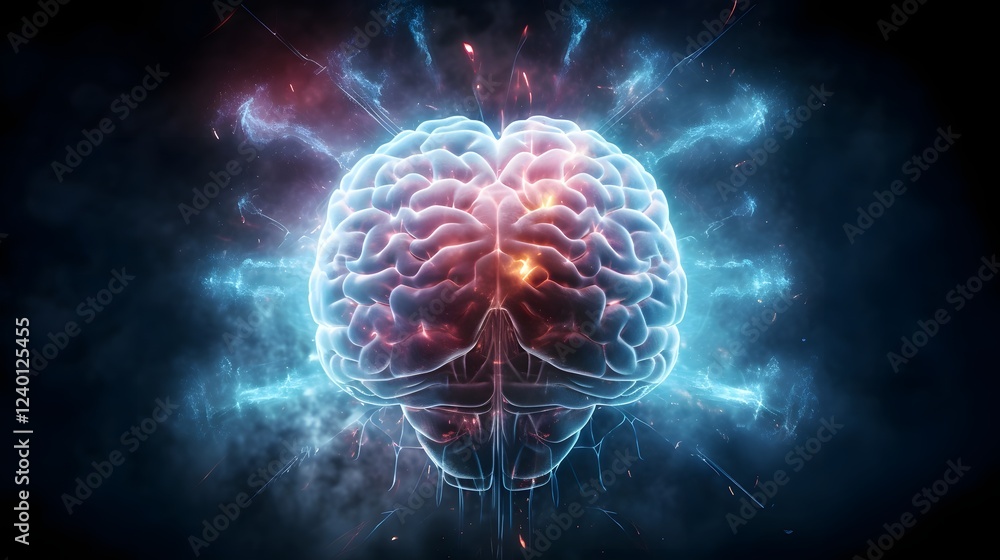 Poster digital painting depicting a surreal imaginative representation of a brain with vibrant energy waves