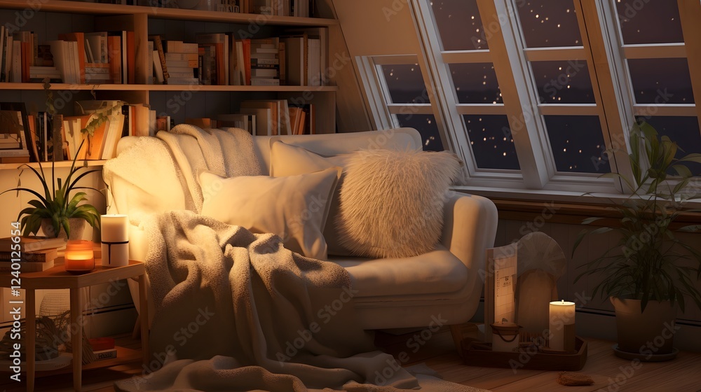 Poster cozy and inviting reading nook with warm lighting and stack of books autumn inspired intimate home l