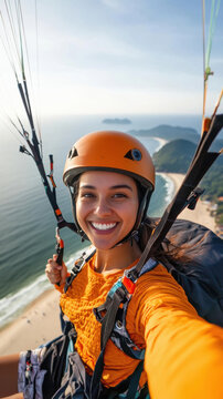 Woman doing paragliding and taking selfie