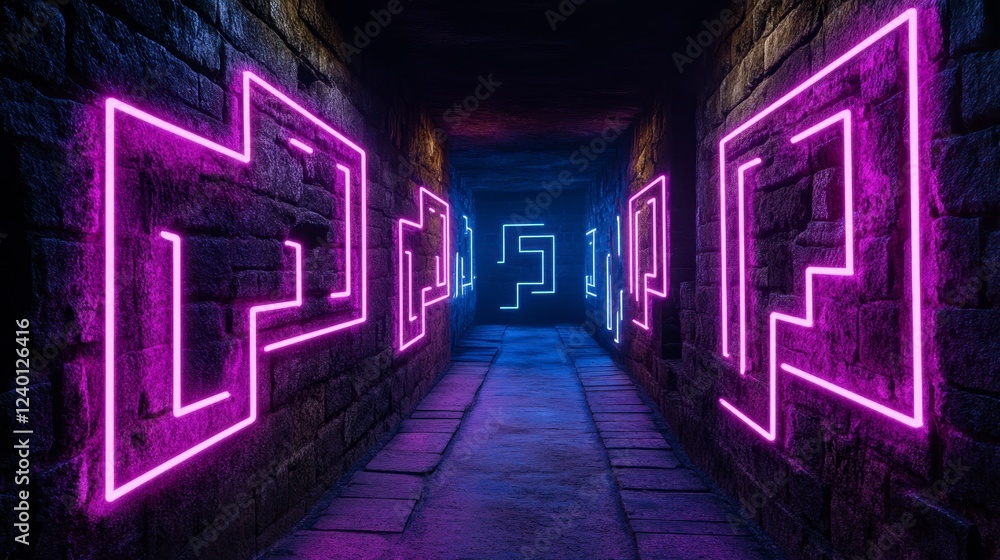 Poster neon-lit corridor with geometric patterns on stone walls, creating an intriguing and futuristic atmo