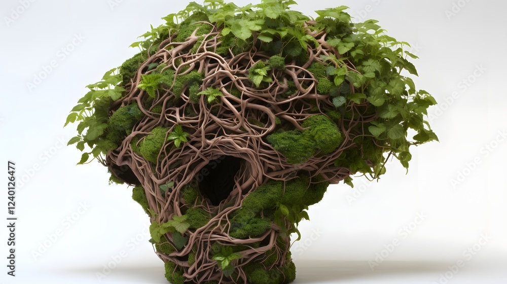 Poster intertwining roots and vines forming a conceptual human brain symbolizing the deep interconnected na