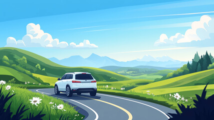 Illustration of modern SUV car driving through a scenic countryside road with blue sky background