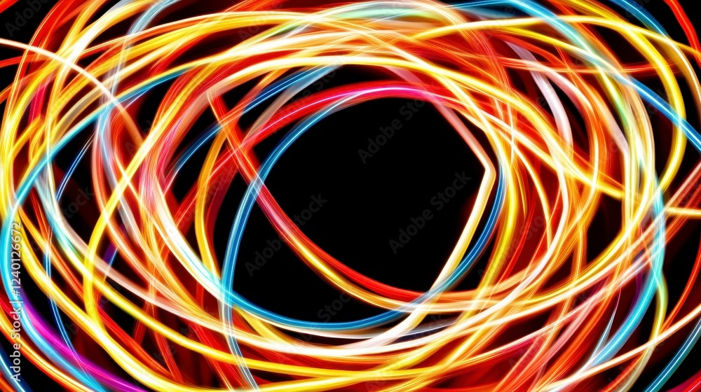 Poster abstract light trails swirling in vibrant colors against a black background, creating a dynamic visu